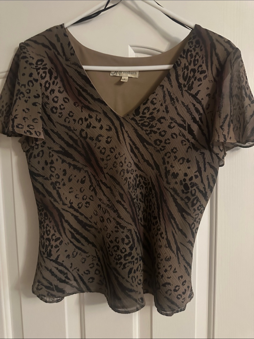 dressbarn Taupe and Black Animal-Print V-Neck Blouse